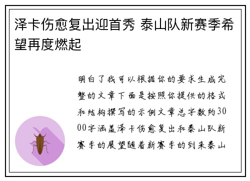 泽卡伤愈复出迎首秀 泰山队新赛季希望再度燃起